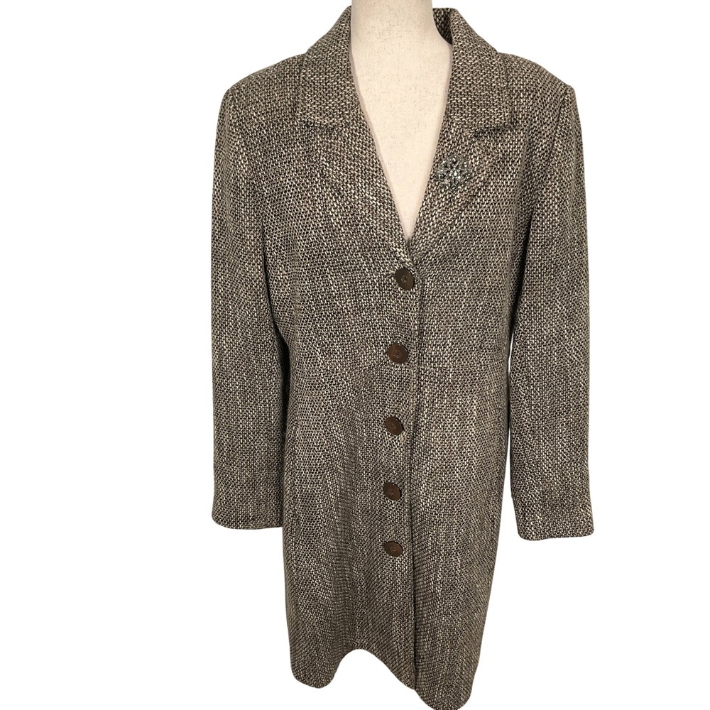 Old Navy Coat Womens XL‎ Brown Marled Tweed Brooch Longline Car Coat Wool VTG